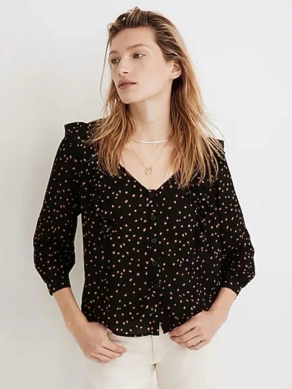 Madewell Ruffled Button-Front Blouse in Confetti Toss, NWT